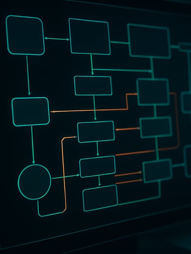 A detailed system architecture schematic on a high-resolution terminal monitor, showing data flow lines in terminal green and safety orange, low-key lighting, macro focus.