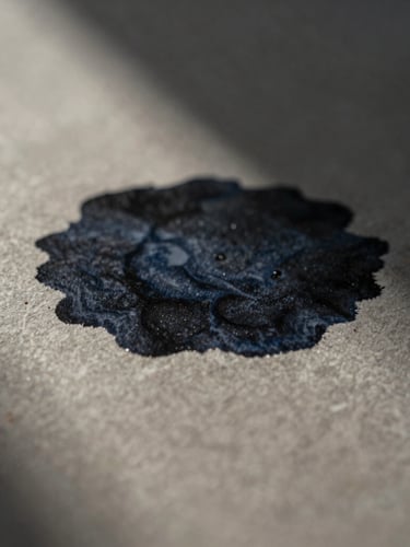 Macro close-up of dark ink drying on heavy textured paper, structured shadows, low-key morning light, quiet focus.