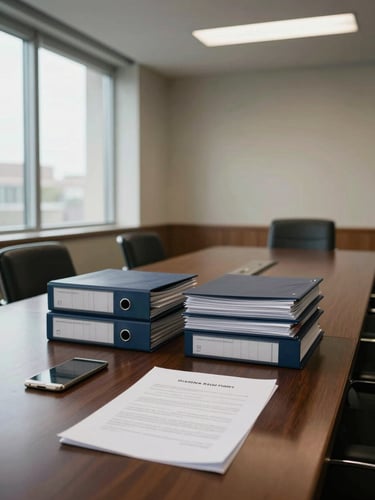 Wide shot of a quiet law office interior, empty conference table with stacked legal binders and a single open contract in the foreground, cool natural daylight entering from tall windows on the left, neutral tones, no people