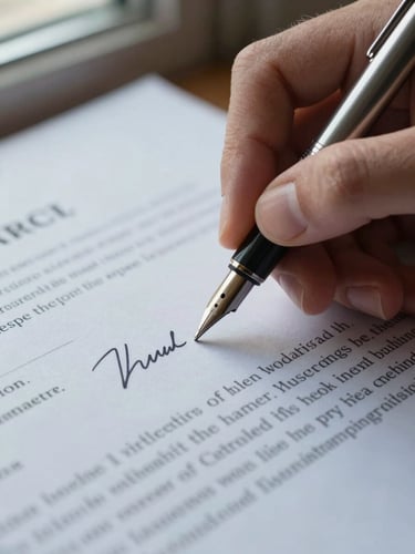 Extreme close-up of a hand holding a fountain pen over a dense contract page, cool natural window light from the left, sharp focus on the signature line, no face visible