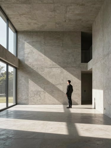 Wide environmental shot of a minimalist concrete house interior, hard afternoon sunlight casting sharp geometric shadows, single human figure for scale