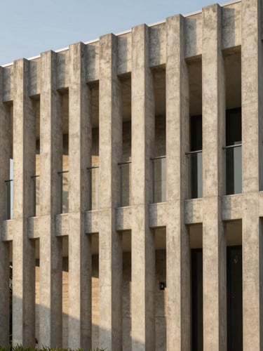 Sharp architectural photograph of a modernist concrete residence, clean vertical lines, warm tropical light hitting a raw concrete facade, portrait crop.