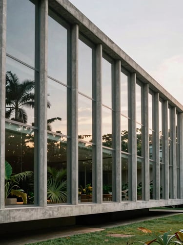 Wide architectural photograph of a modernist concrete pavilion in São Paulo, lush tropical garden reflecting on large glass panels, soft afternoon light, vertical lines aligned.
