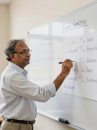 A senior Indian professor writing exam patterns on a clean whiteboard, bright natural classroom lighting, professional academic setting.