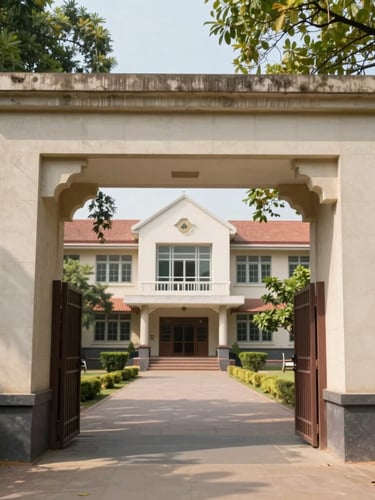 A bright, natural daylight shot of a modern Indian college stone archway, with green foliage framing the academic building in the background.