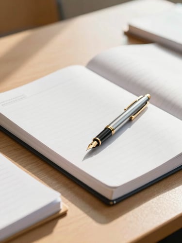 Close-up of physical textbooks, notebooks, and a gold-trimmed fountain pen resting on a clean wooden study desk in warm afternoon light.