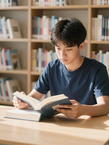 Bright editorial photography of a student focused on physical textbooks in a sunlit library, warm professional tones, eye-level perspective.