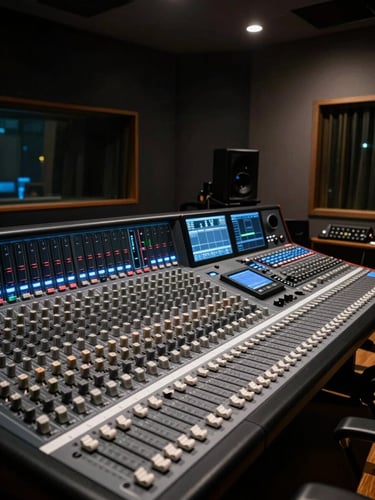 Wide shot of a dark professional recording studio, mixing console filling the foreground, screen glow from DAW monitors casting blue-white light on faders and channel strips, deep shadows in the background, no people visible