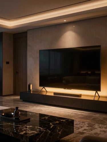 Cinematic wide shot of a dimly lit, ultra-luxury modern living room at night. A large, high-end television glows with warm amber light-trails, casting a soft golden illumination onto a dark marble coffee table. In the background, minimalist architectural lines and soft shadows create an exclusive, cozy atmosphere. No people.