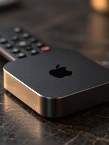 Macro close-up of a sleek black Apple TV remote resting on a dark polished marble table, soft golden ambient light reflecting off the metallic edges, shallow depth of field.