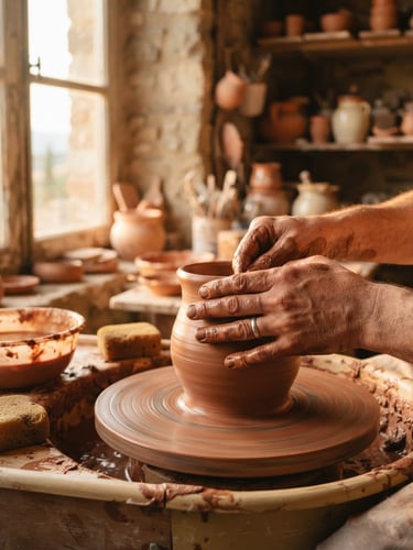 Close-up of hands shaping wet terracotta clay on a potter's wheel in a sunlit Umbrian workshop, golden-hour window light, warm editorial photography, 35mm