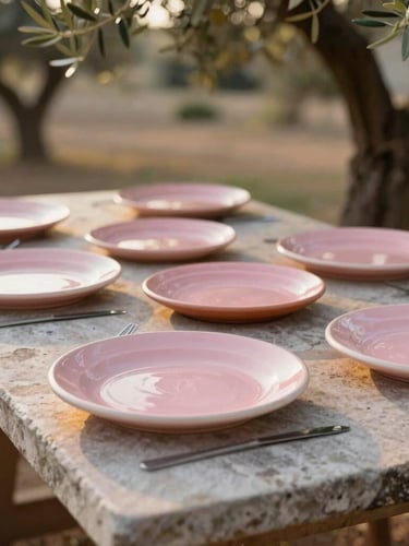 A rustic stone table set outdoors under olive trees, soft pink hand-painted ceramic plates catch the warm golden-hour sunlight, shallow depth of field, warm editorial photography, 35mm