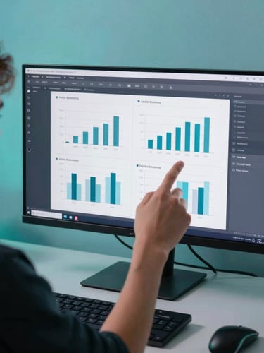 Over-the-shoulder shot of a creator analyzing clean graphs on a high-resolution dark monitor, soft teal gel lighting, modern workspace, 35mm
