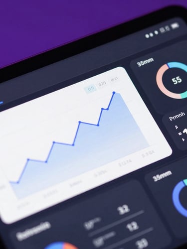 Close-up of a high-end digital interface showing clean analytics graphs and revenue metrics on a dark screen, subtle violet studio light, sharp focus, 35mm