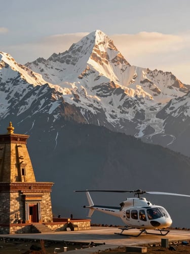 A wide panoramic view of the majestic snow-capped Himalayan peaks at golden hour, with a premium helicopter landing softly near an ancient stone temple, warm morning light, expansive sky.