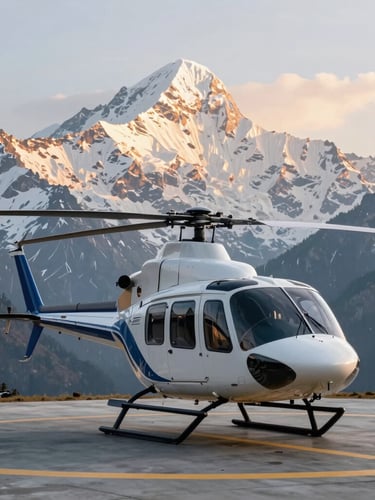 A premium five-seater helicopter resting on a clean mountain helipad, majestic snow-covered peaks of Uttarakhand rising behind under a soft golden sunrise.