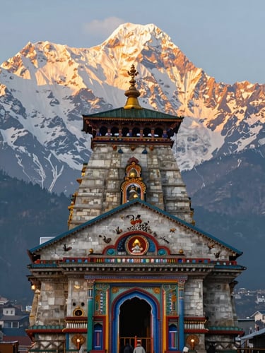 A portrait orientation photograph of the sacred Badrinath temple with its vibrant, colorful facade, framed by towering snow-covered Himalayan peaks under the soft golden light of a mountain sunrise.