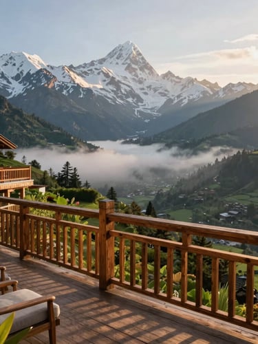 Wide environmental shot of a luxurious wooden resort balcony overlooking misty green valleys and snow-capped Himalayan peaks at golden sunrise, warm morning light.