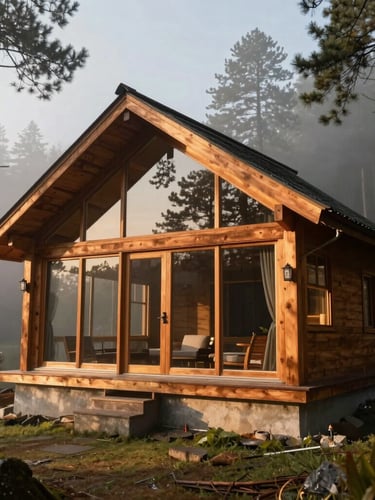 A luxury wooden cottage with wide glass windows overlooking a misty pine forest in Manali, soft golden sunrise light casting long shadows, premium editorial framing.