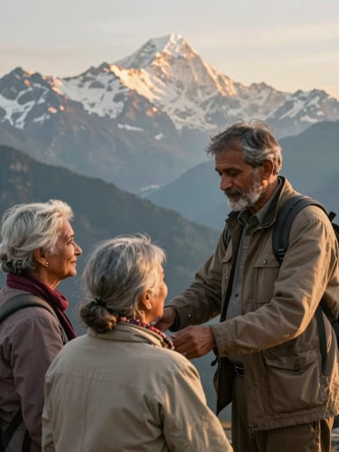A warm, respectful local Indian guide assisting an elderly couple near a scenic mountain viewpoint, majestic Himalayas in the background, soft golden hour light.