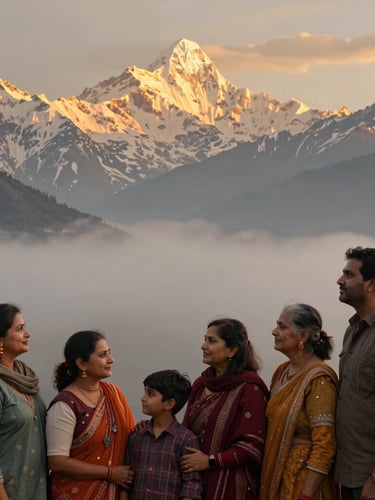 Wide environmental portrait of a multi-generational Indian family looking towards the golden sunrise over snow-capped Himalayan peaks, soft morning mist, cinematic lighting.