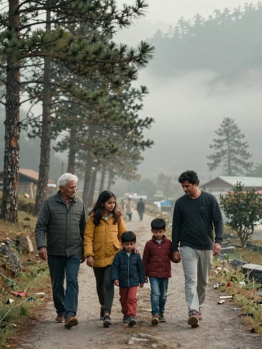 A multi-generational Indian family sharing a quiet moment, walking along a scenic, pine-fringed path in Himachal Pradesh, soft morning mist, cinematic lighting.