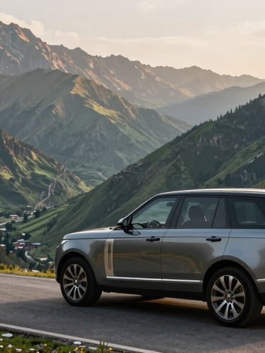 A luxury SUV parked safely on a wide mountain road overlooking the lush green valleys of Uttarakhand, warm morning light illuminating the peaks.