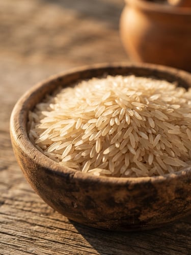 Macro close-up of premium long-grain basmati rice in a rustic wooden bowl, warm golden hour side-lighting highlighting the individual polished grains.