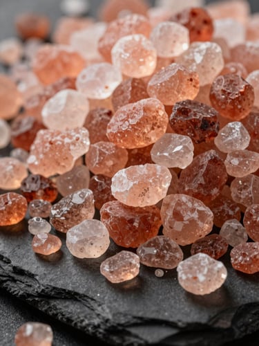 A close-up of textured pink Himalayan salt crystals resting on a dark slate surface, warm side-lighting catching the crystalline facets.