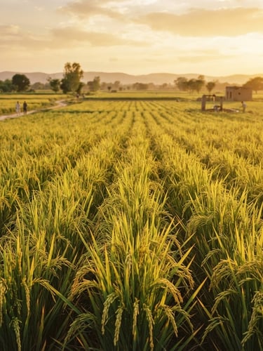 Wide panoramic low-angle shot of sun-drenched basmati rice fields in Punjab at golden hour, vibrant green and gold stalks, shallow depth of field, 35mm