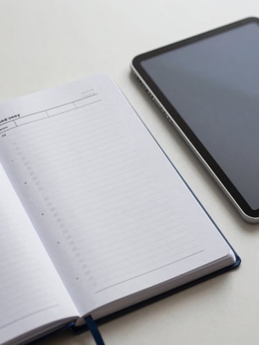A high-quality close-up of a structured planner and a digital tablet on a clean workspace, bright neutral daylight, cool gray and deep blue tones, sharp focus, architectural lines