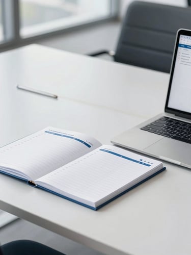A bright, modern corporate office workspace with clean desk surfaces, a structured planner, and a laptop showing organized spreadsheets, neutral daylight