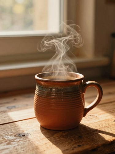 Steaming coffee mug sitting on a rustic wooden kitchen table in warm golden-hour window light, showing tactile clay ridges and rich terracotta glaze.