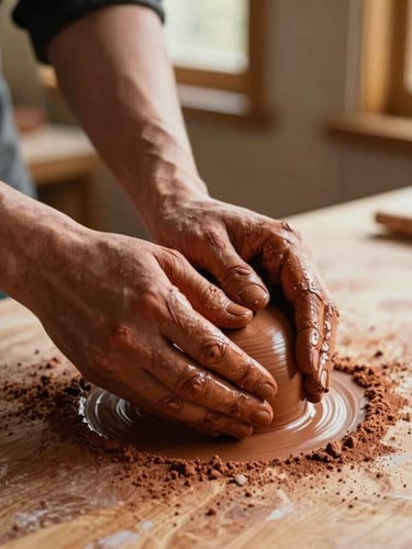hands kneading rich terracotta clay on a wooden workbench, warm golden-hour window light casting soft shadows, tactile clay dust, 35mm film style