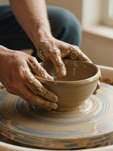 Close-up portrait of hands covered in wet clay shaping a bowl on a spinning potter's wheel, soft side-lighting highlighting the texture of the clay, warm tones