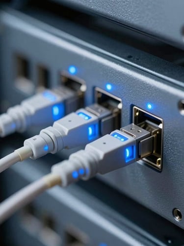 Macro shot of physical fiber optic connections with glowing blue laser light in a clean server rack, architectural precision, cool slate tones, 35mm