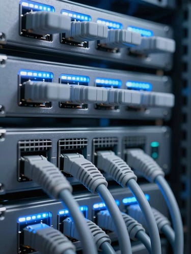 Macro photograph of structured cabling in an enterprise server rack, cool blue LED accents, sharp technical lighting, shallow depth of field