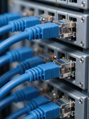 Macro shot of structured cabling in a server rack, perfectly organized blue Ethernet cables with clean labels, cool technical lighting, shallow depth of field, 35mm