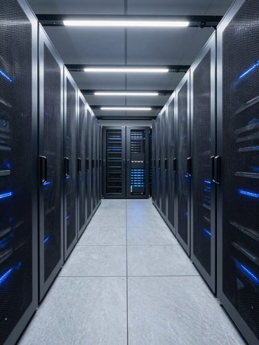 Clean architectural wide angle shot of a modern data center corridor, cool slate gray tones, subtle blue LED lighting, symmetrical perspective