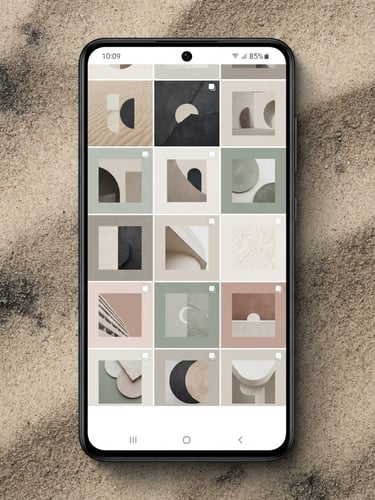 Minimalist digital mockup of social media posts on a mobile screen, soft studio light, neutral sand background, sharp focus