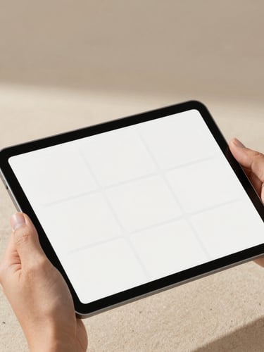 Close-up of a designer hands working on a sleek tablet, displaying clean minimalist layout grids, soft warm sunlight, neutral sand background