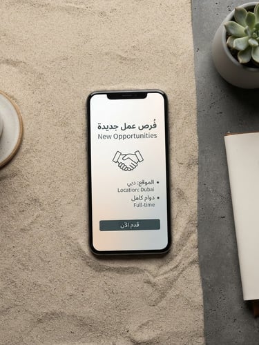 Minimalist digital mockup flat-lay of a modern workspace, a smartphone displaying a clean Arabic-English social media design, soft studio light, sand and charcoal background