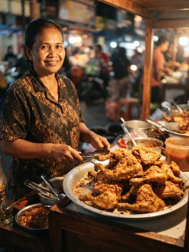 Warm culinary photography, dramatic side lighting, a proud Indonesian local food vendor standing next to a golden-brown crispy fried chicken display, shallow depth of field