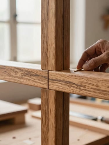 Close-up of a craftsman hand-finishing a customized wooden joint in a bright Dehradun workshop, natural diffused light, rich oak texture, 35mm