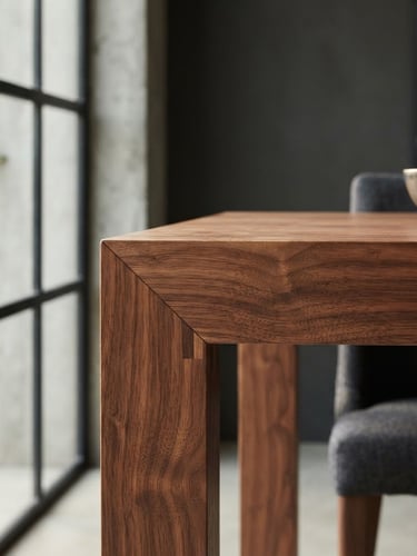 Warm, daylight-drenched close-up of a custom walnut dining table with seamless joinery, soft window light, architectural framing