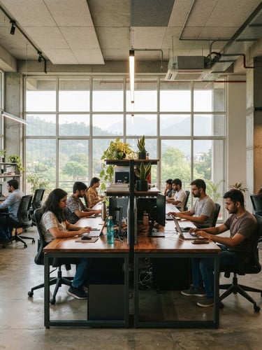 Architectural straight-on elevation of a modern open-plan office in Dehradun, featuring custom workstations with warm wood tops and matte charcoal steel frames, natural window light, 35mm