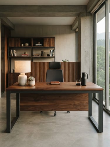 Straight-on architectural shot of a minimalist office interior in Dehradun featuring a custom executive table in rich oak and matte charcoal steel, natural morning light, 35mm