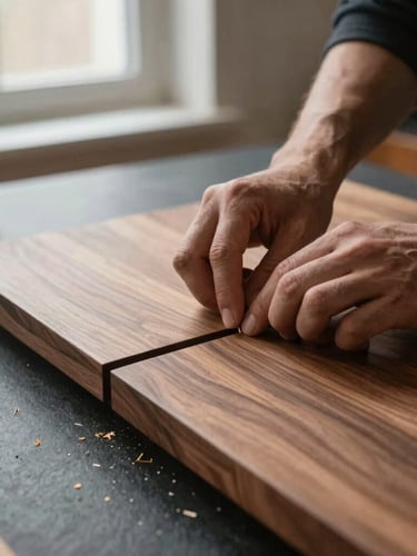 Close-up of a craftsman's hands carefully aligning a seamless joint on a warm walnut tabletop, soft window light, fine wood shavings on a dark slate workbench, 35mm
