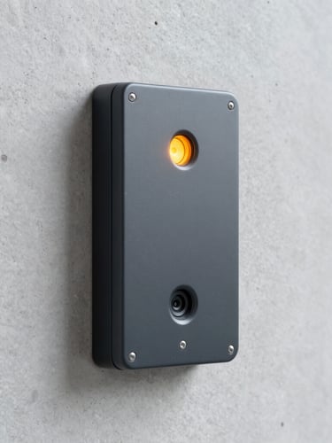 Straight-on medium shot of a sleek dark gray biometric access control terminal mounted on a clean concrete wall, safety-amber indicator light glowing softly.