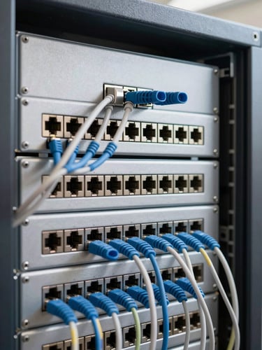 Close-up of neatly organized ethernet and power wiring inside a server rack, clean metallic slate tones, sharp focus, bright daylight, 35mm lens